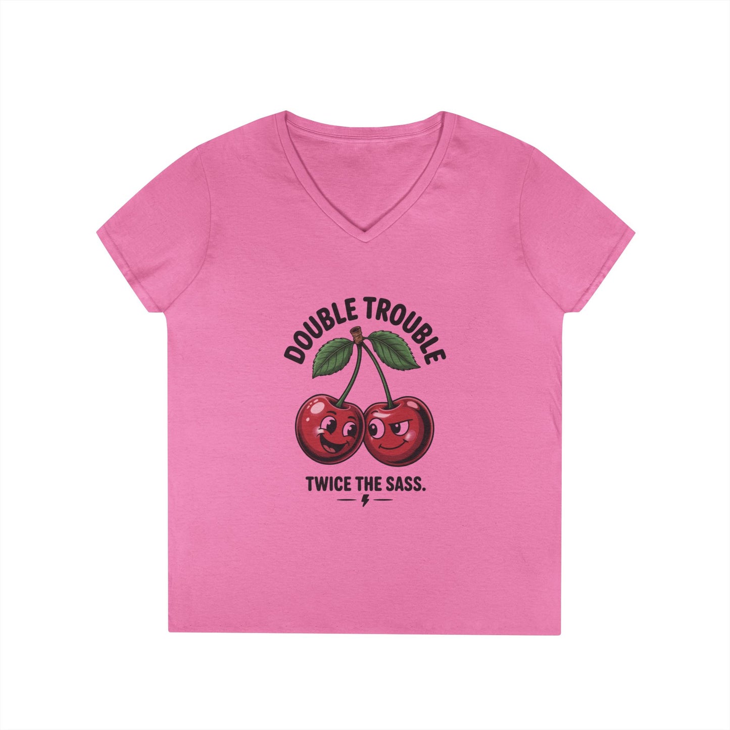 Double Trouble Cherry Ladies V-Neck T-Shirt, Funny Cute Womens T-Shirt, Twice the Sass Quote Shirt, Sassy Cherry Cartoon Gift