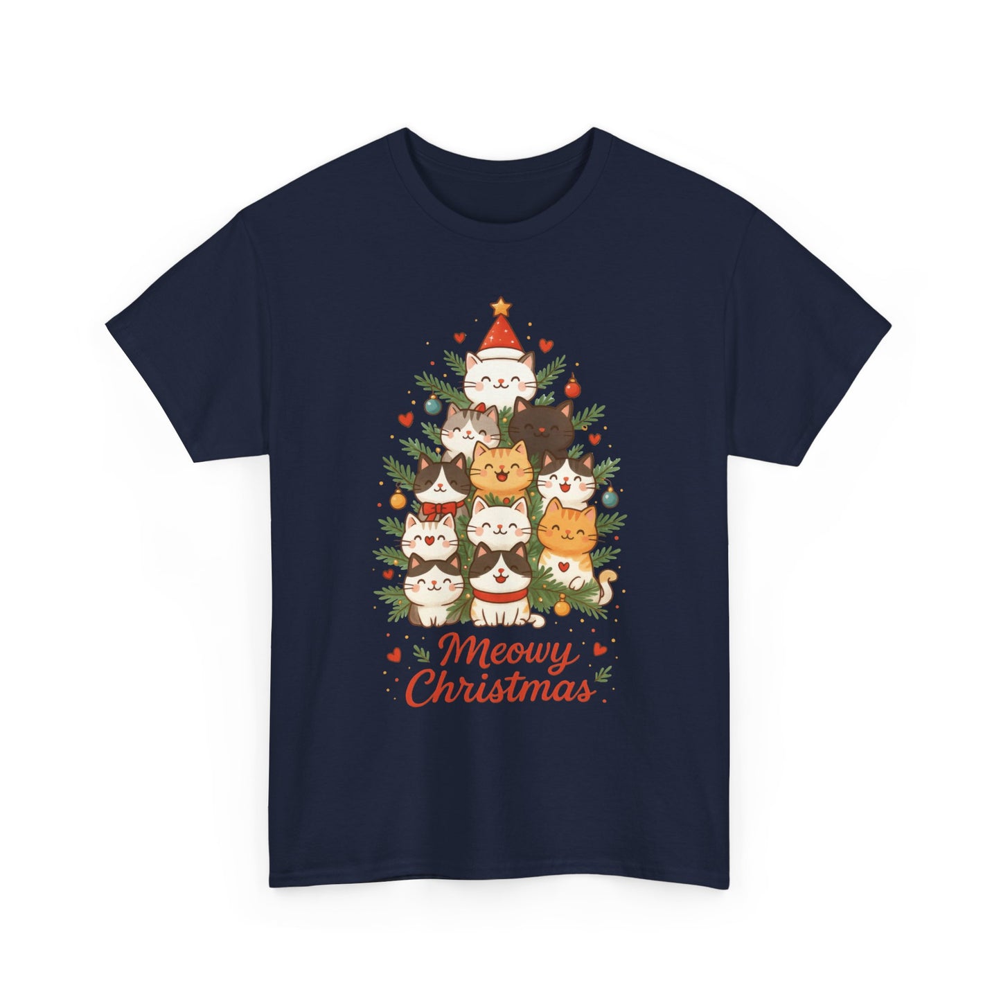 Women's Meowy Christmas Cat T-Shirt, Cute Holiday Kitty Tree Tee
