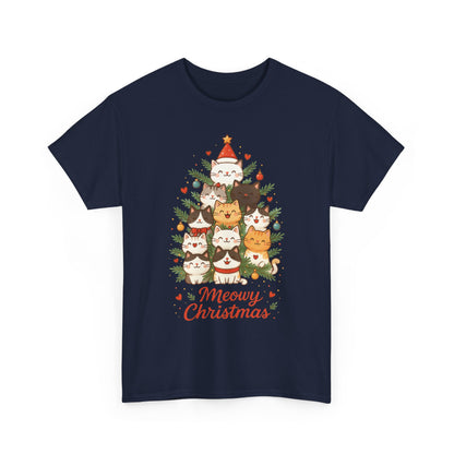 Women's Meowy Christmas Cat T-Shirt, Cute Holiday Kitty Tree Tee