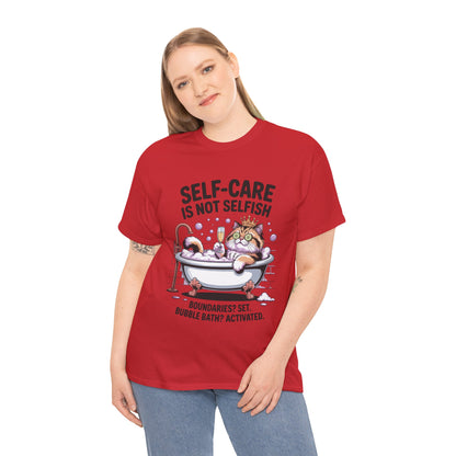 Womens Heavy Cotton Tee, Self-Care Cat Shirt, Funny Cat Bubble Bath Tee, Relaxing Kitty Graphic, Self Care Is Not Selfish Womens T-Shirt