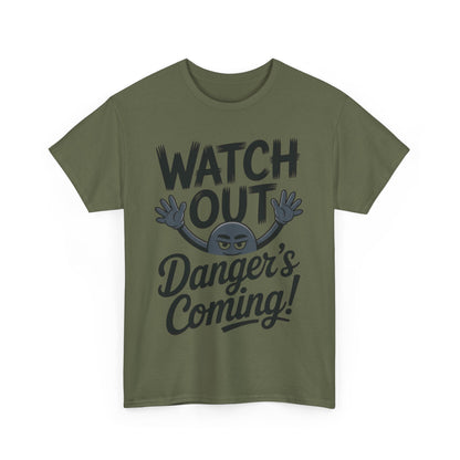 Funny "Watch Out" Cartoon Character T-Shirt, Sketch Style Unisex Heavy Cotton Tee, Minimalist Humorous Graphic Tee, Gift for Him/Her