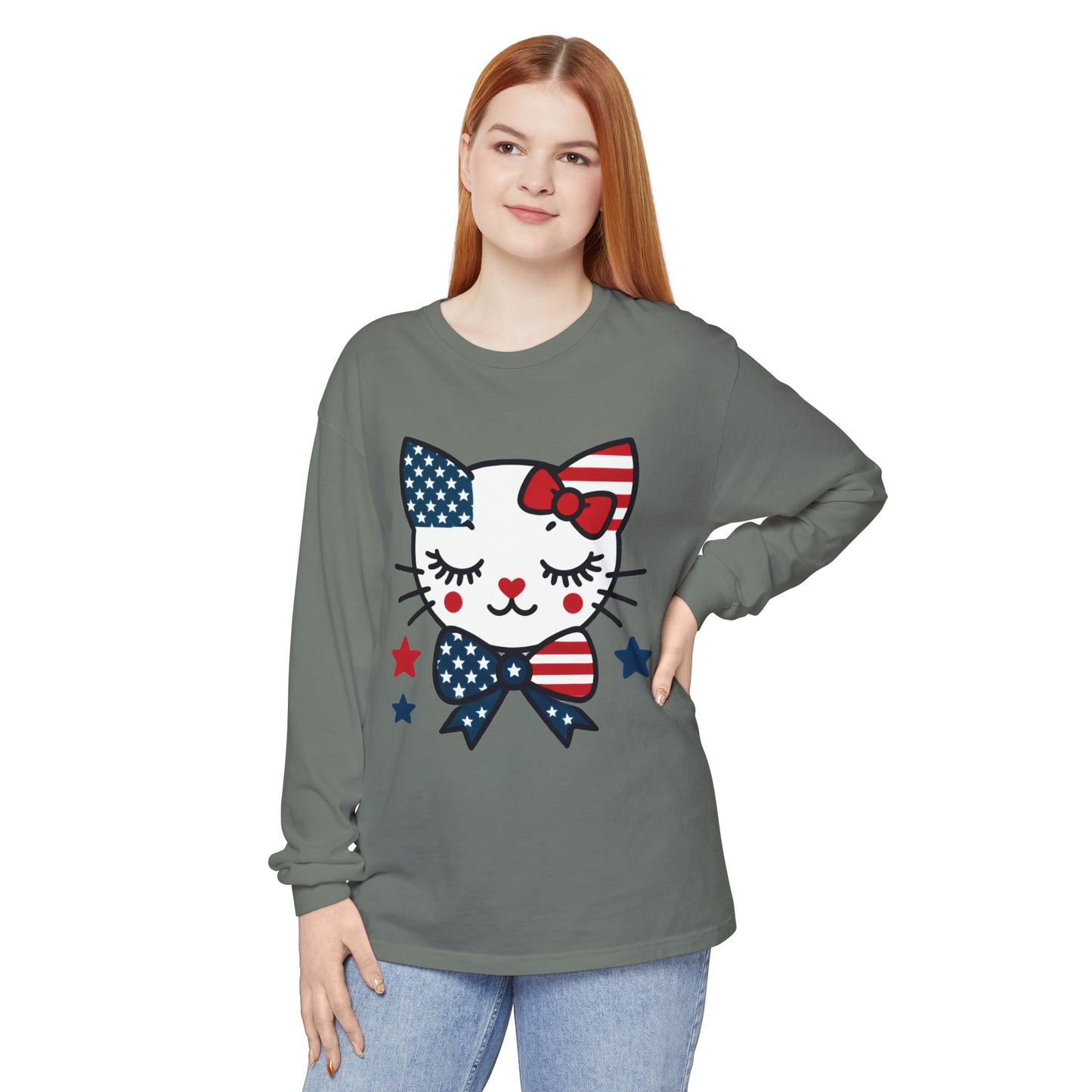 Patriotic Cat Long Sleeve T-Shirt, Women's Tee, Perfect for Fourth of July, Animal Lover Gift, Cozy Casual Wear, Holiday Apparel