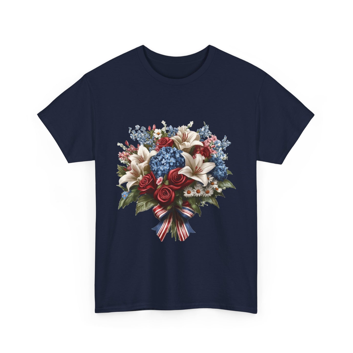 Patriotic Floral Bouquet T-Shirt, Red White Blue Flower Graphic Tee, USA Pride Shirt, Unisex Heavy Cotton Tee
