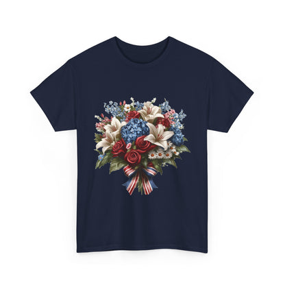 Patriotic Floral Bouquet T-Shirt, Red White Blue Flower Graphic Tee, USA Pride Shirt, Unisex Heavy Cotton Tee