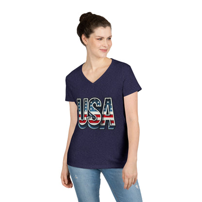 USA Patriotic V-Neck T-Shirt for Ladies, July 4th Celebration Tee, Casual Summer Shirt, Graphic Tee