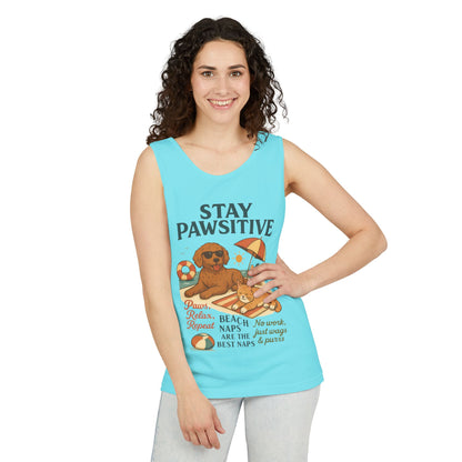 Stay Pawsitive Womens Tank, Cute Dog & Cat Beach Tee, Summer Pet Lover Tee, Animal Graphic Heavy Cotton Tee, Fun Pet Lovers Gift, Summer Top