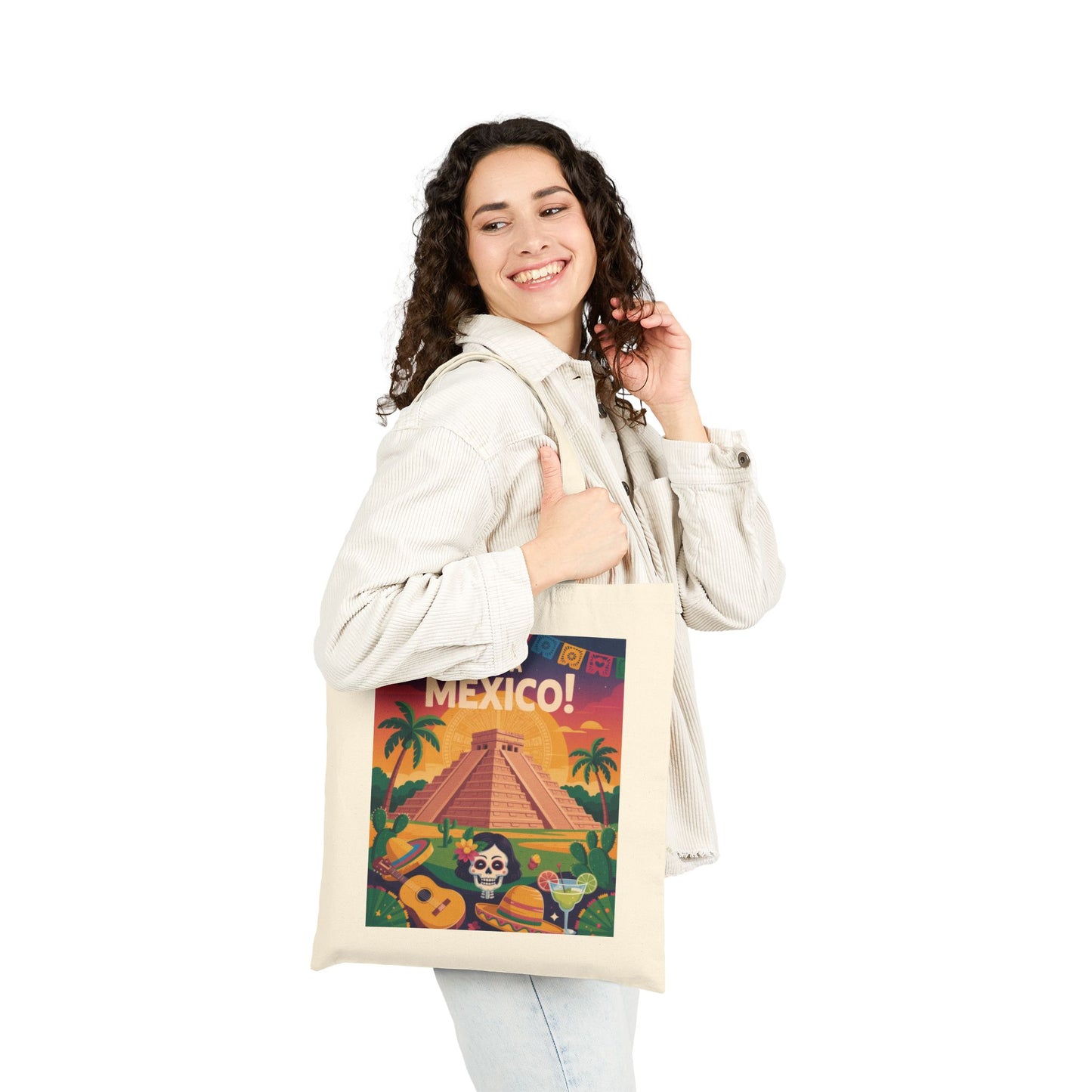 Viva Mexico Cotton Canvas Tote Bag, Eco-Friendly Grocery Bag, Bohemian Beach Bag, Travel Tote, Day of the Dead Gift