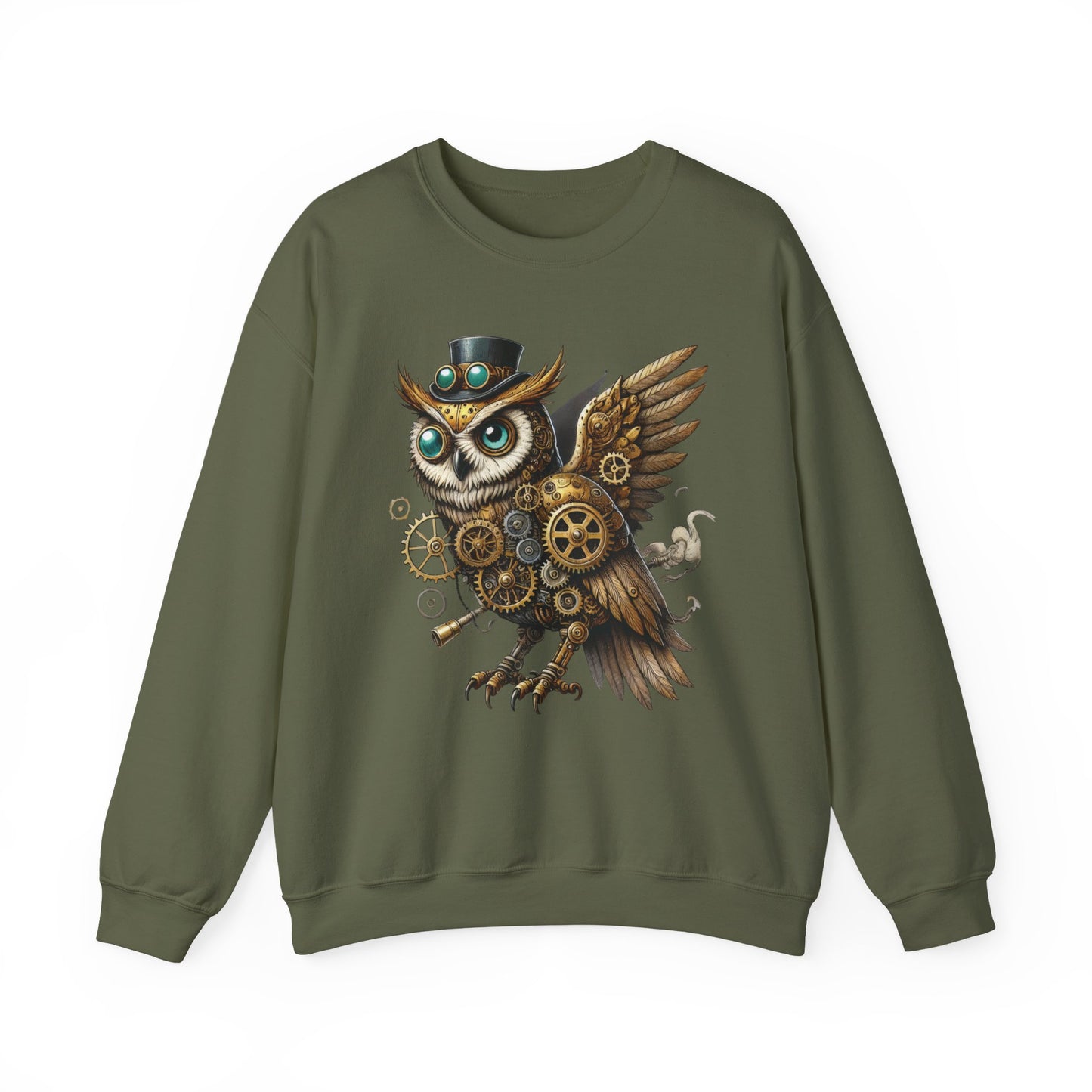 Steampunk Owl Unisex Crewneck Sweatshirt, Vintage Mechanical Gears Fantasy Bird Graphic Pullover, Gift for Owl Lovers