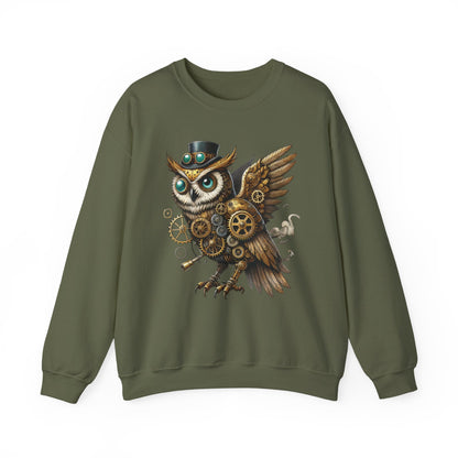 Steampunk Owl Unisex Crewneck Sweatshirt, Vintage Mechanical Gears Fantasy Bird Graphic Pullover, Gift for Owl Lovers