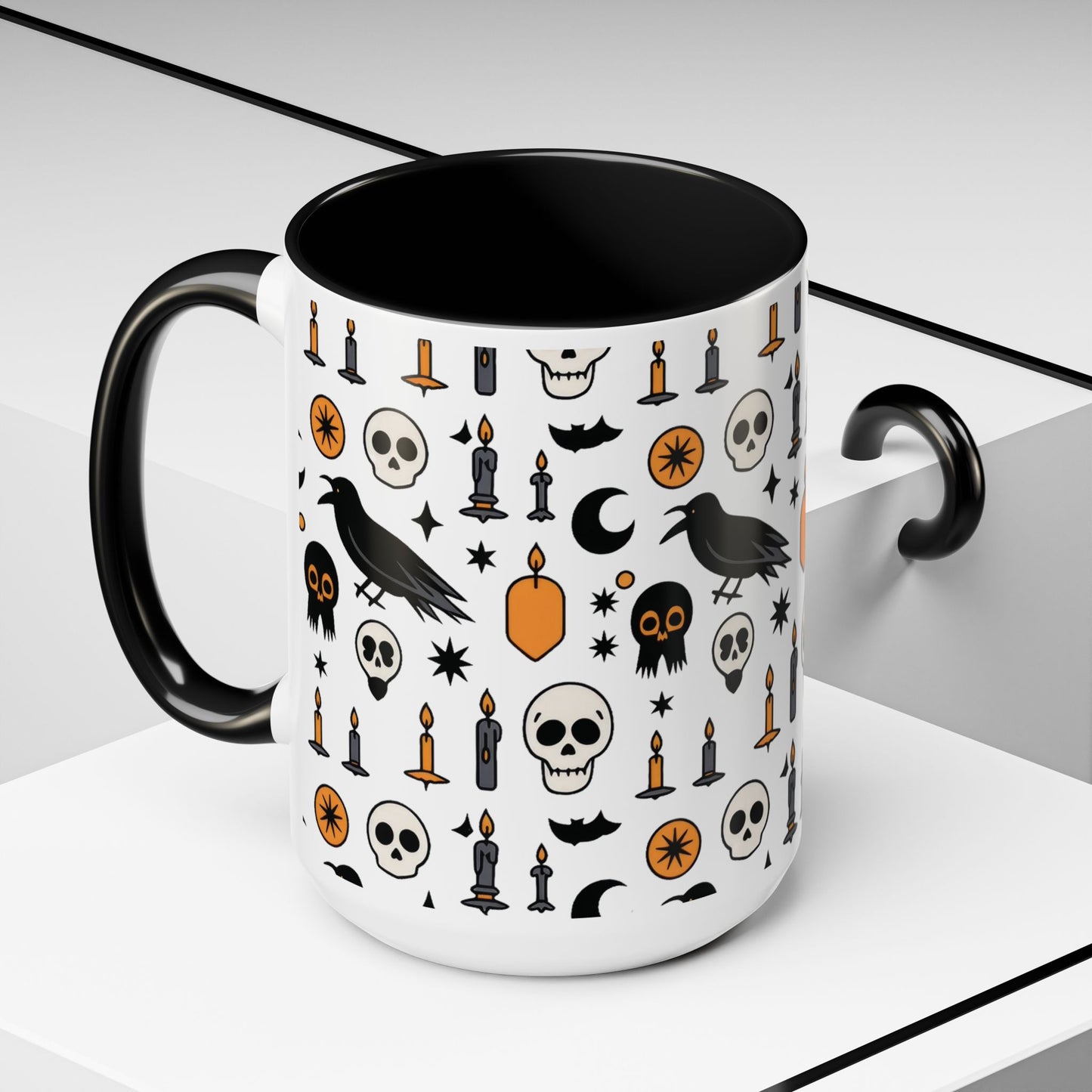Gothic Halloween Mug, Skull, Candle - Raven Pattern Coffee Cup, Dark Aesthetic Spooky Gift for Her or Him, Accent Coffee Mug (11, 15oz)