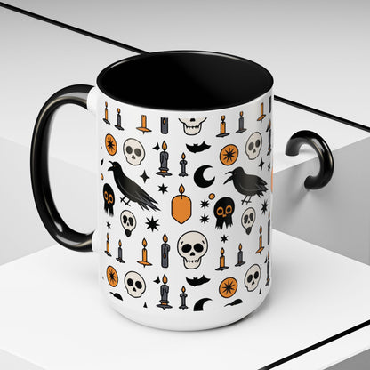 Gothic Halloween Mug, Skull, Candle - Raven Pattern Coffee Cup, Dark Aesthetic Spooky Gift for Her or Him, Accent Coffee Mug (11, 15oz)