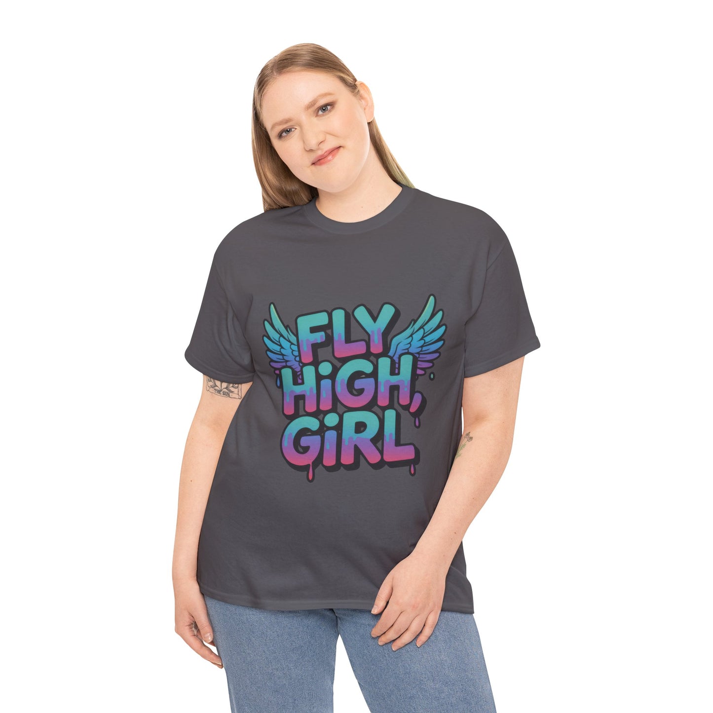 Womens Graphic Tee Fly High Girl, Angel Wings Graffiti Drip T-Shirt, Bold Streetwear Top