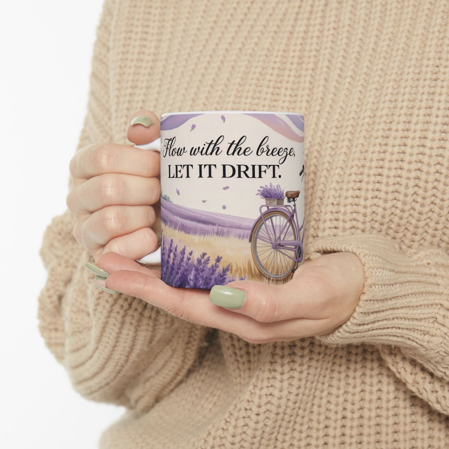 Lavender Field Mug, Bicycle Coffee Cup, Tranquil Nature Lover Gift, Calm Summer Vibes Mug, Motivational Coffee Cup, Inspirational Quotes