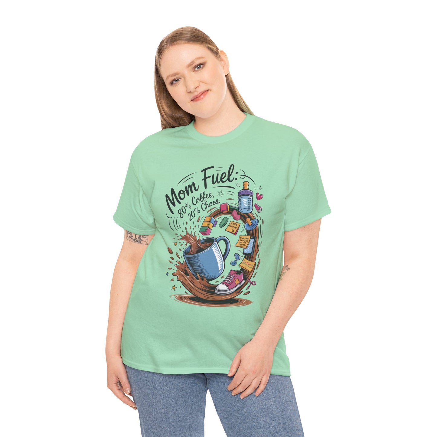 Mom Fuel Heavy Cotton Tee, Funny Coffee Lover T-Shirt, Gift for Moms, Mother's Day, Casual Wear, Pajama Top