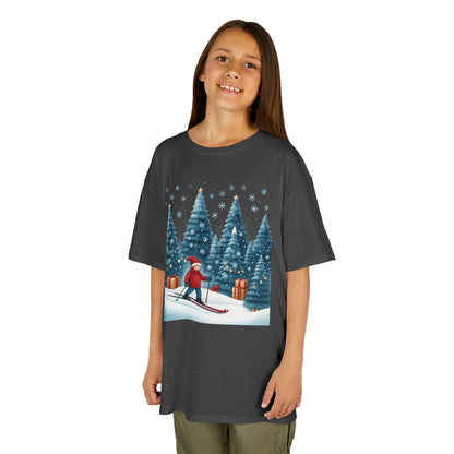 Kids Christmas Skiing T-Shirt, Cute Winter Holiday Graphic Tee, Kids Heavy Cotton™ Tee