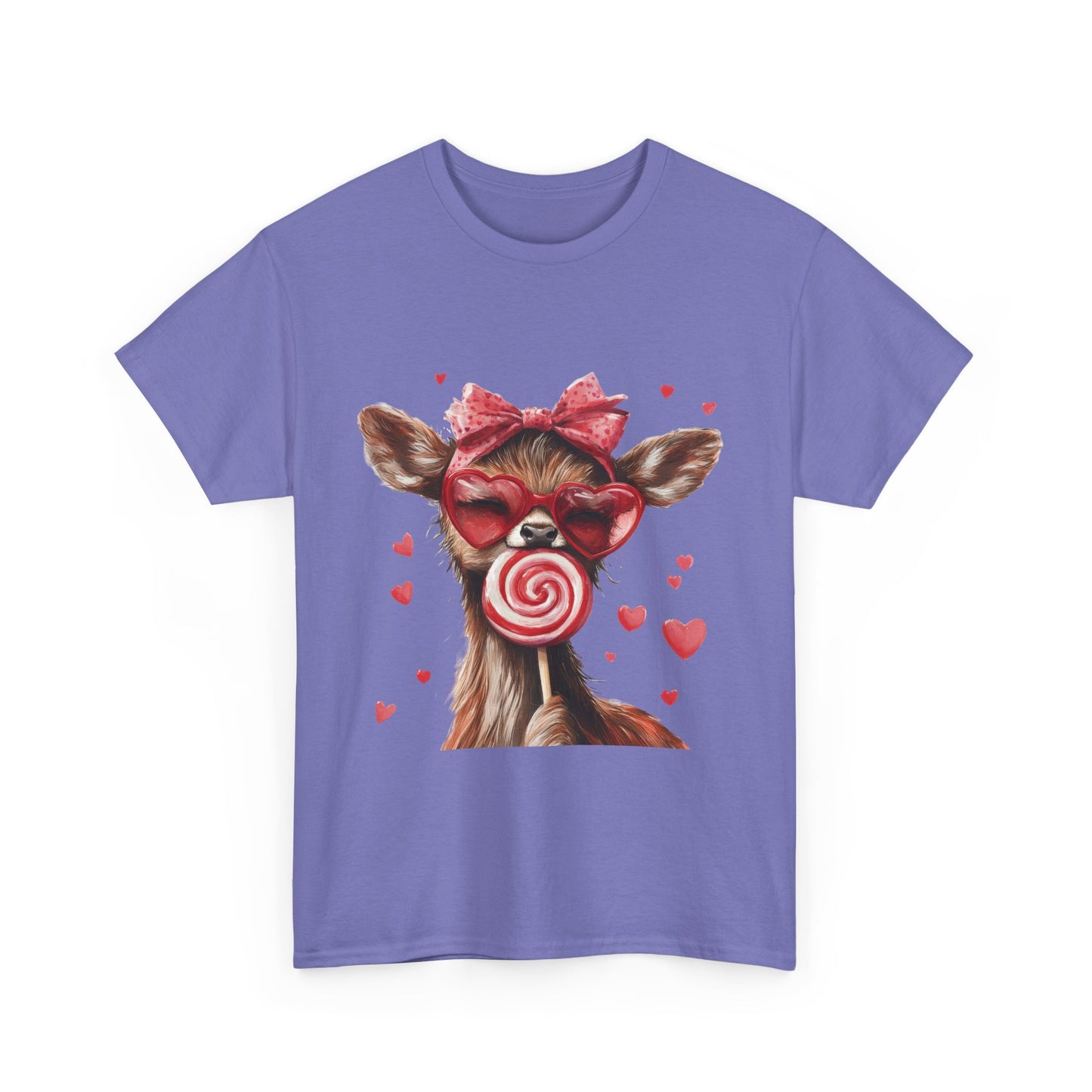 Cute Deer with Heart Glasses and Lollipop, Valentine's Day Heavy Cotton Tee, Fun Animal Love Shirt Gift for Her, Animal Lovers Shirt