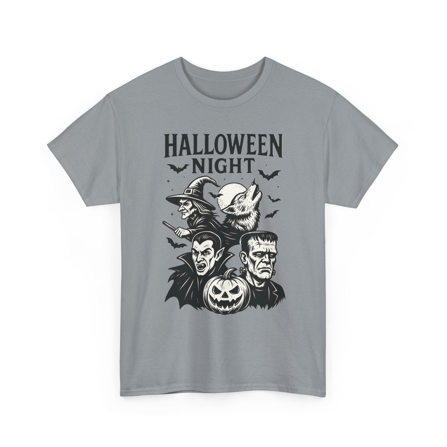 Halloween Night Men's T-Shirt, Classic Monsters Graphic Tee, Witch, Vampire, Frankenstein, Werewolf