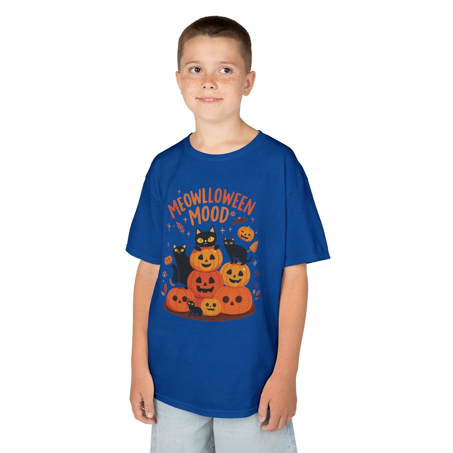 Meowlloween Mood Kids Shirt, Cute Black Cat Halloween T-Shirt for Girls and Boys, Funny Pumpkin Cat Tee, Cozy Fall Cat Lover Gift