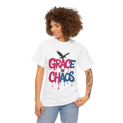 Womens Graffiti T-Shirt, Grace in Chaos Dripping Street Art Tee, Bold Urban Graphic Shirt