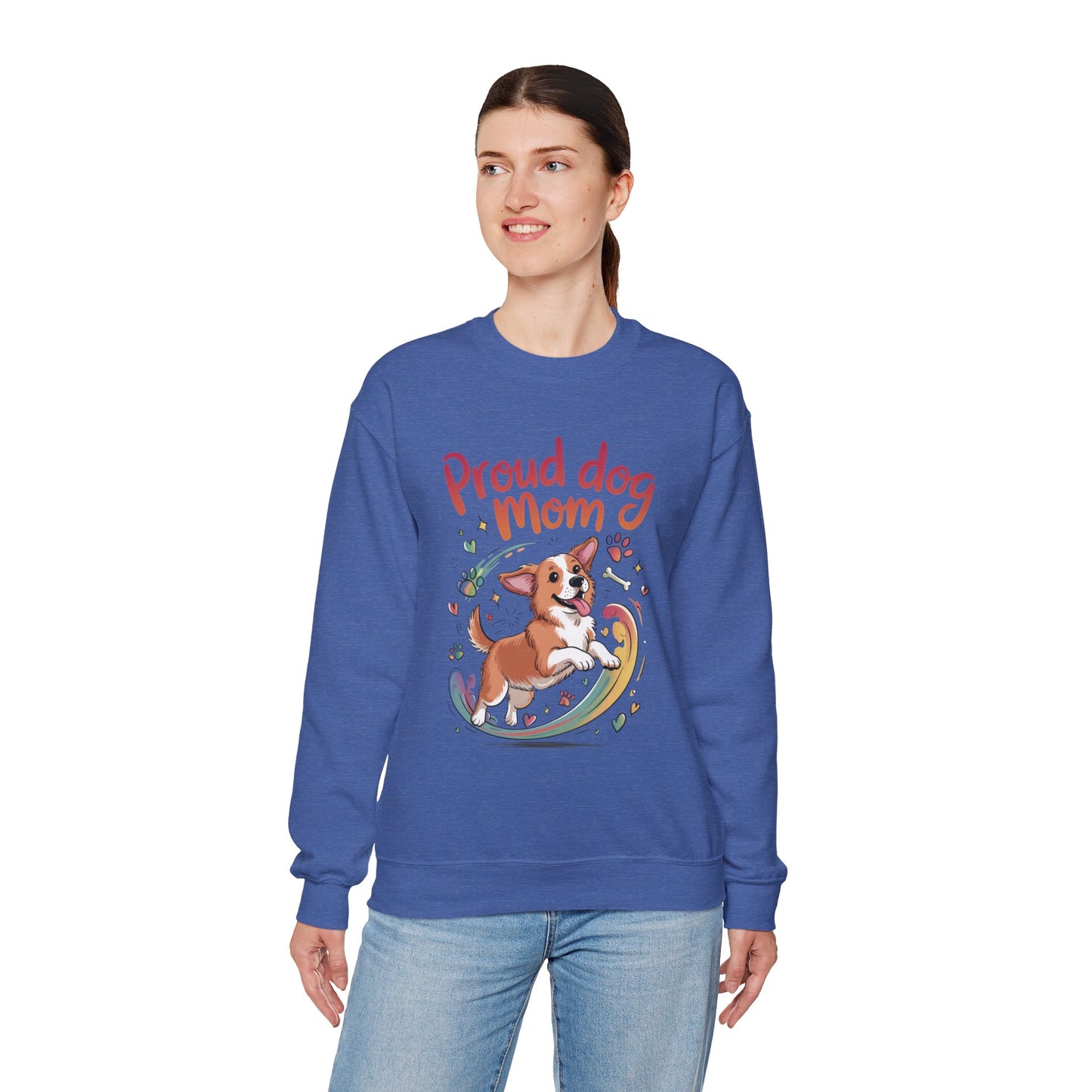 Proud Dog Mom Crewneck Sweatshirt, Pet Lover Gift, Dog Mom Apparel, Animal Lover Clothing, Gift for Dog Moms, Puppy Paw Rainbow Print