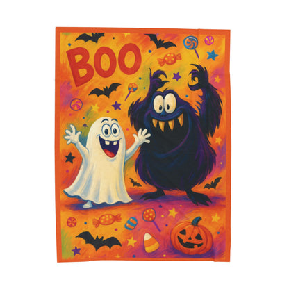 Cute Ghost and Monster Halloween Velveteen Plush Blanket, Fun Kids Throw, Spooky Cute Boo Design, Cozy Fall Blanket Gift