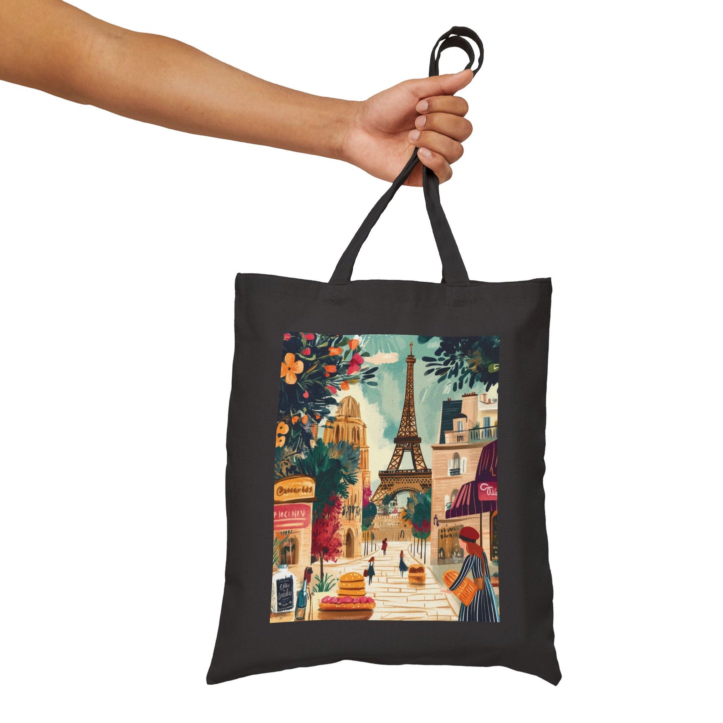 Parisian Scene Cotton Canvas Tote Bag, Eco-Friendly Shopping Tote, Travel Bag, Gift for Her, Fashionable Carryall