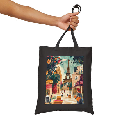 Parisian Scene Cotton Canvas Tote Bag, Eco-Friendly Shopping Tote, Travel Bag, Gift for Her, Fashionable Carryall