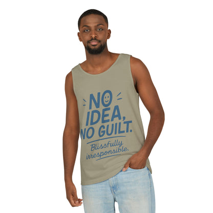 Mens Funny Tank Top, No Idea No Guilt Quote, Blissfully Irresponsible Gym Shirt, Casual Sleeveless Top, , Fun Party Shirt