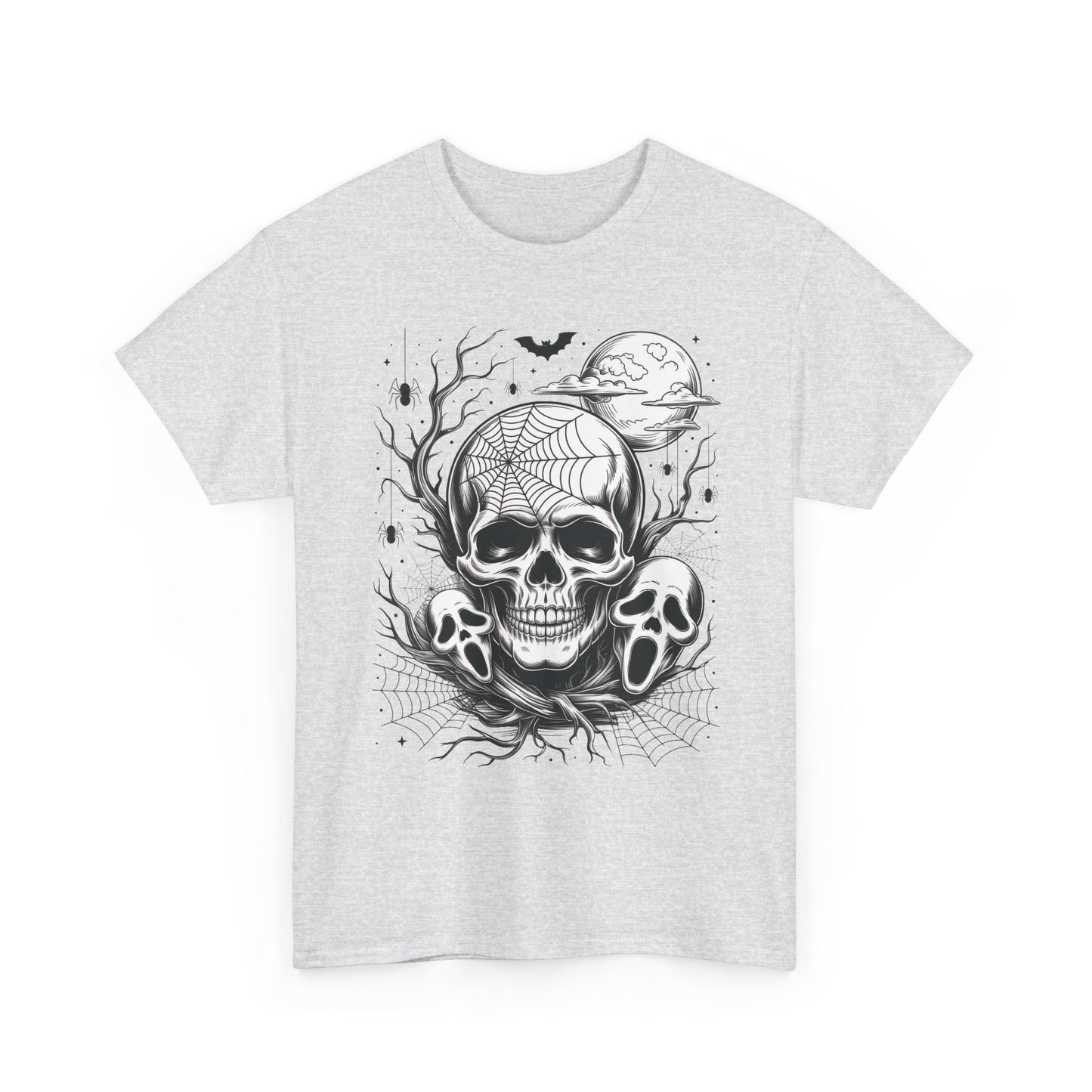 Men's Gothic Skull T-Shirt, Halloween Graphic Tee, Spider Web & Moon Horror Shirt, Spooky Skull Graphic Top for Him