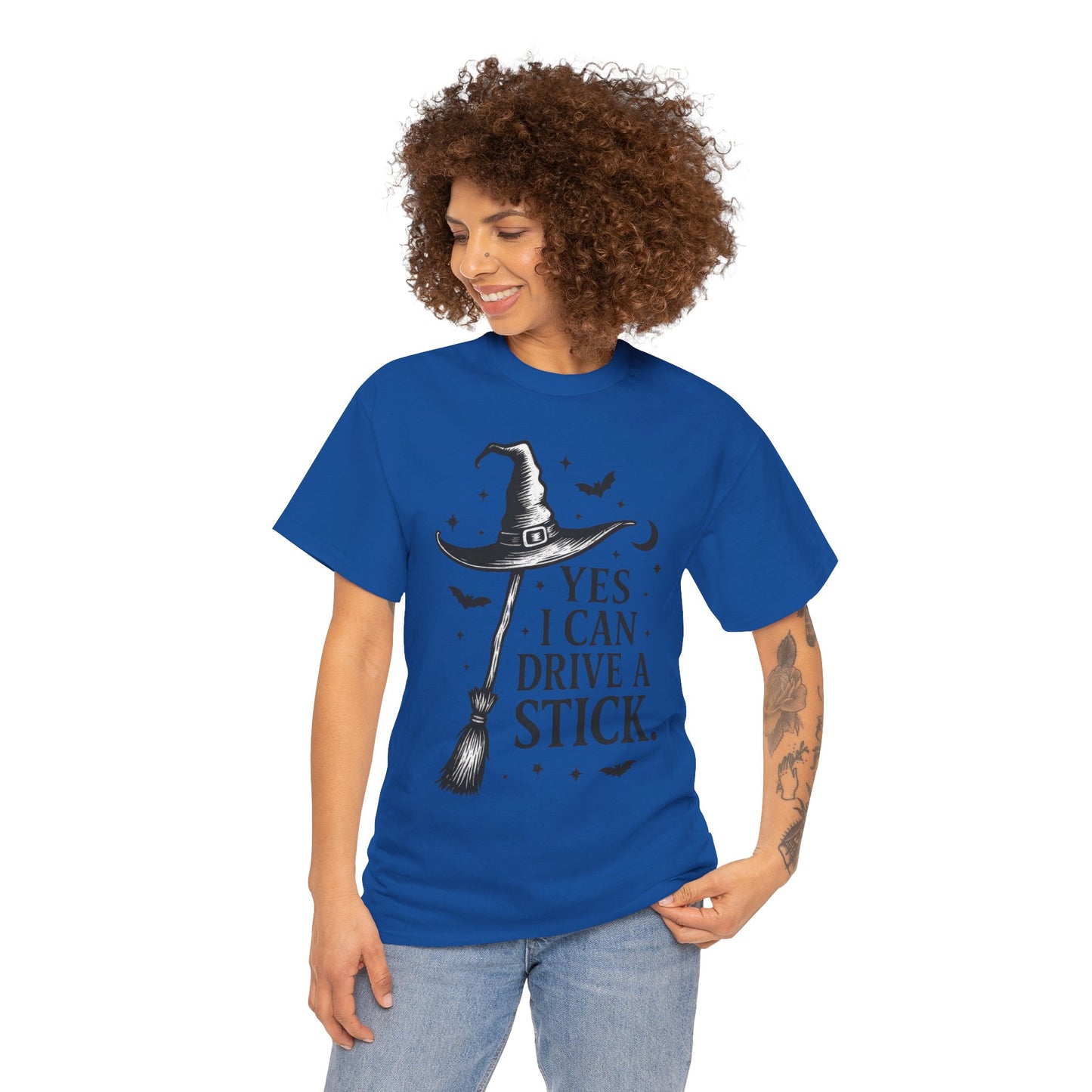 Yes I Can Drive a Stick Witch Hat Broom Halloween Women's T-Shirt, Funny Spooky Graphic Tee, Witch Shirt,