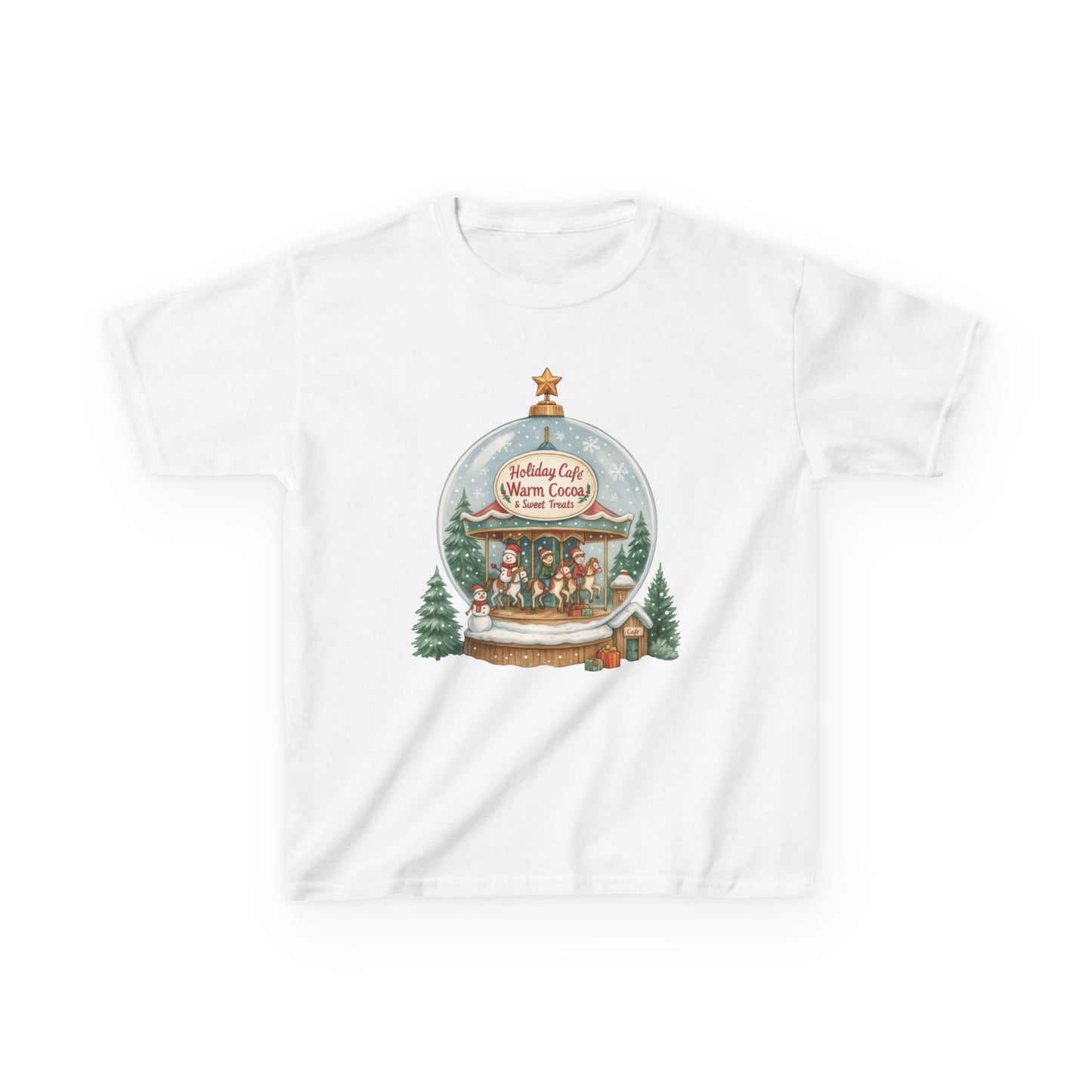 Youth Holiday Café Christmas T-Shirt, Warm Cocoa Carousel Kids Tee