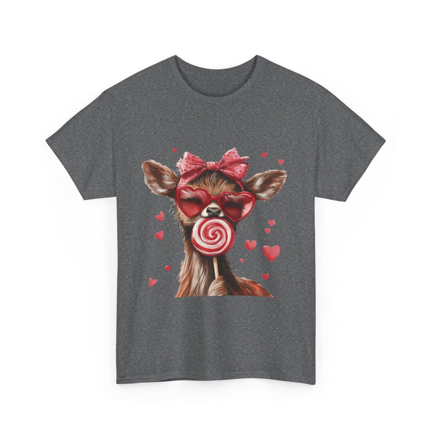 Cute Deer with Heart Glasses and Lollipop, Valentine's Day Heavy Cotton Tee, Fun Animal Love Shirt Gift for Her, Animal Lovers Shirt