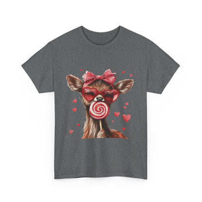 Cute Deer with Heart Glasses and Lollipop, Valentine's Day Heavy Cotton Tee, Fun Animal Love Shirt Gift for Her, Animal Lovers Shirt