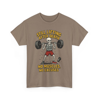 Funny Skeleton Gym T-Shirt, Still Lifting After Death, Funny Workout Shirt for Men, Fitness Gift, Halloween Apparel, Unisex Cotton Tee