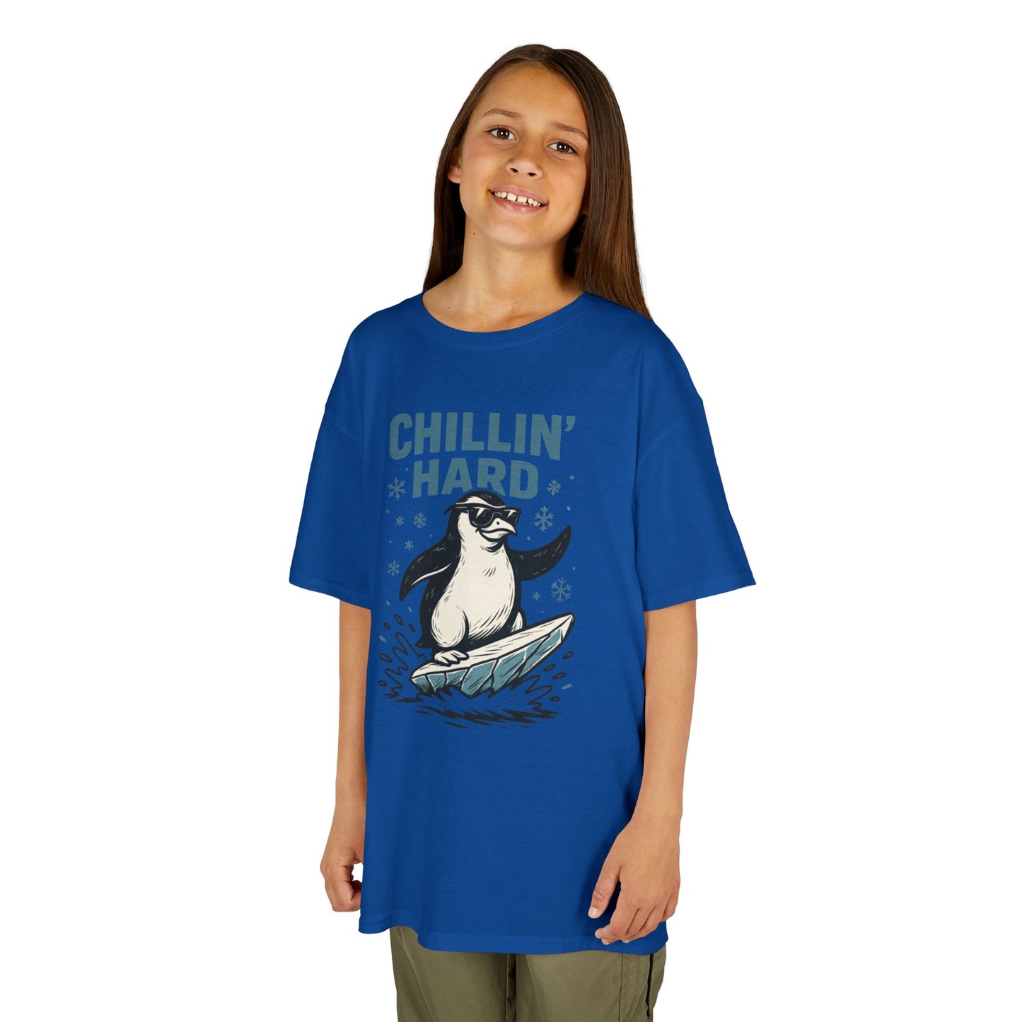 Kids Heavy Cotton™ Tee, Kids Chillin Hard Penguin T-Shirt, Funny Cool Animal Graphic Tee for Children