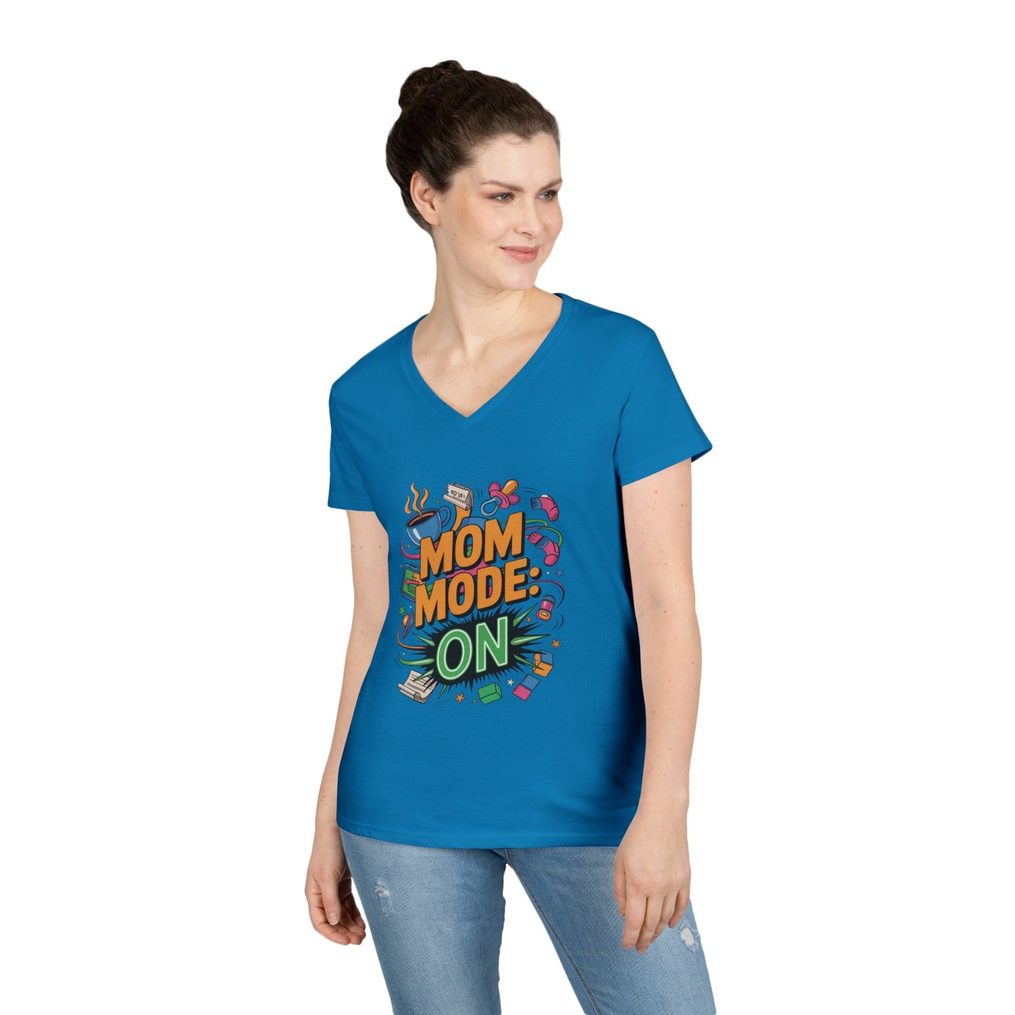 Mom Mode On Ladies V-Neck T-Shirt, Gift for Mom, Mother's Day Gift, Mother's Day Humor T-Shirt, Cute Mama Life Graphic Tee