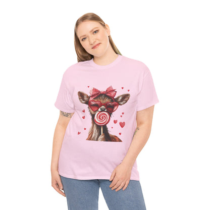 Cute Deer with Heart Glasses and Lollipop, Valentine's Day Heavy Cotton Tee, Fun Animal Love Shirt Gift for Her, Animal Lovers Shirt