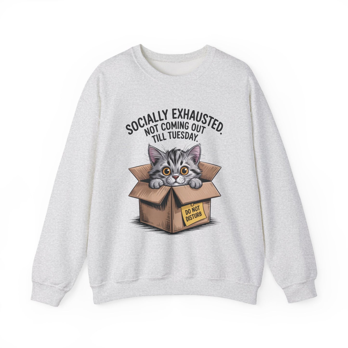 Socially Exhausted Cat Sweatshirt, Funny Cat Crewneck, Gift for Cat Lovers, Cozy Unisex Pullover, Weekend Comfort Apparel