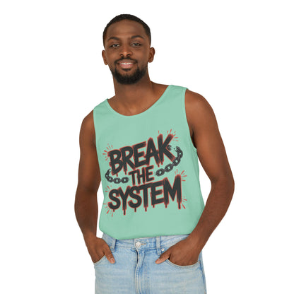 Men's Garment-Dyed Tank Top, Break the System Tank Top, Graphic Protest Muscle Tee, Streetwear Activist Summer Top
