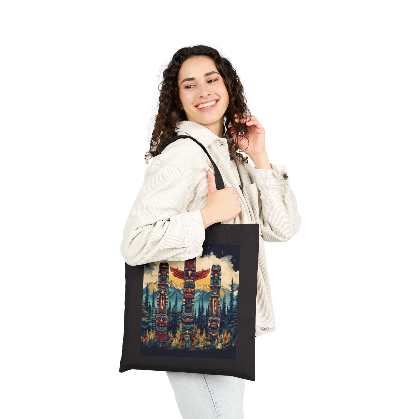 Totem Pole Canvas Tote Bag, Eco-Friendly Shopping Bag, Gift for Nature Lovers, Beach Tote, Reusable Grocery Bag, Boho Art