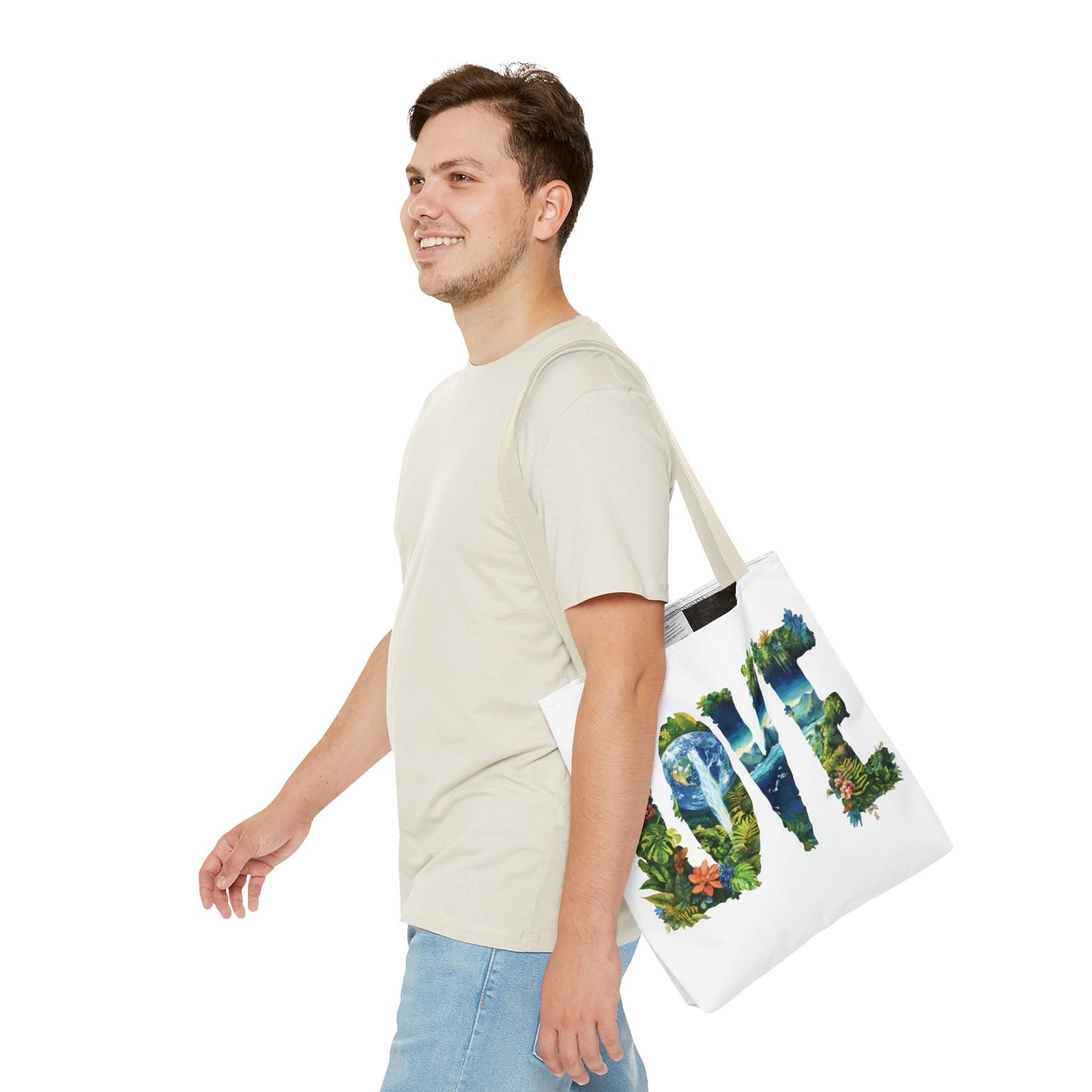Earth Day LOVE Tote Bag, Eco Friendly Nature Art Bag, Sustainable Planet Message, Floral Tote, Shopping Bag, Beach Bag, Large Canvas Bag