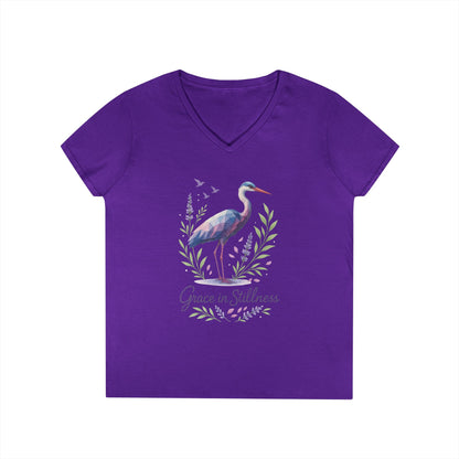 Ladies' V-Neck T-Shirt with Heron Design - Grace in Stillness, Relaxed Fit, Nature-Inspired Gift, Travel Tee, Summer Fashion