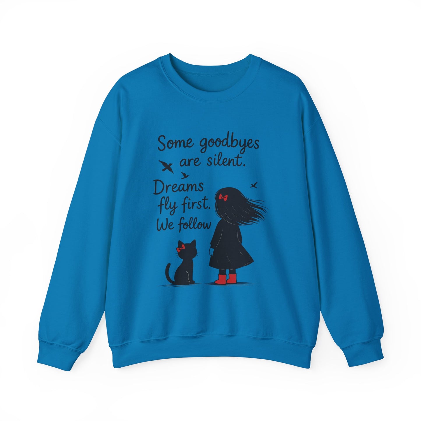 Cozy Farewell Girl & Cat Pullover, Hand Drawn Red Dress Art, Minimalist Womens Crewneck