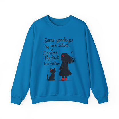 Cozy Farewell Girl & Cat Pullover, Hand Drawn Red Dress Art, Minimalist Womens Crewneck