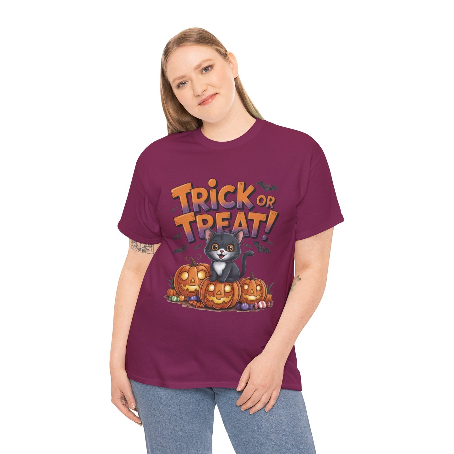 Cute Black Cat Trick or Treat Halloween T-Shirt for Women, Funny Pumpkin Cat Tee, Spooky Fall Shirt, Matching Family Halloween Shirts
