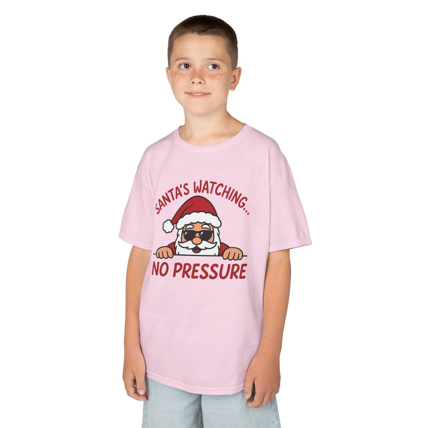 Santa's Watching No Pressure Kids Christmas T-Shirt, Funny Holiday Tee for Youth