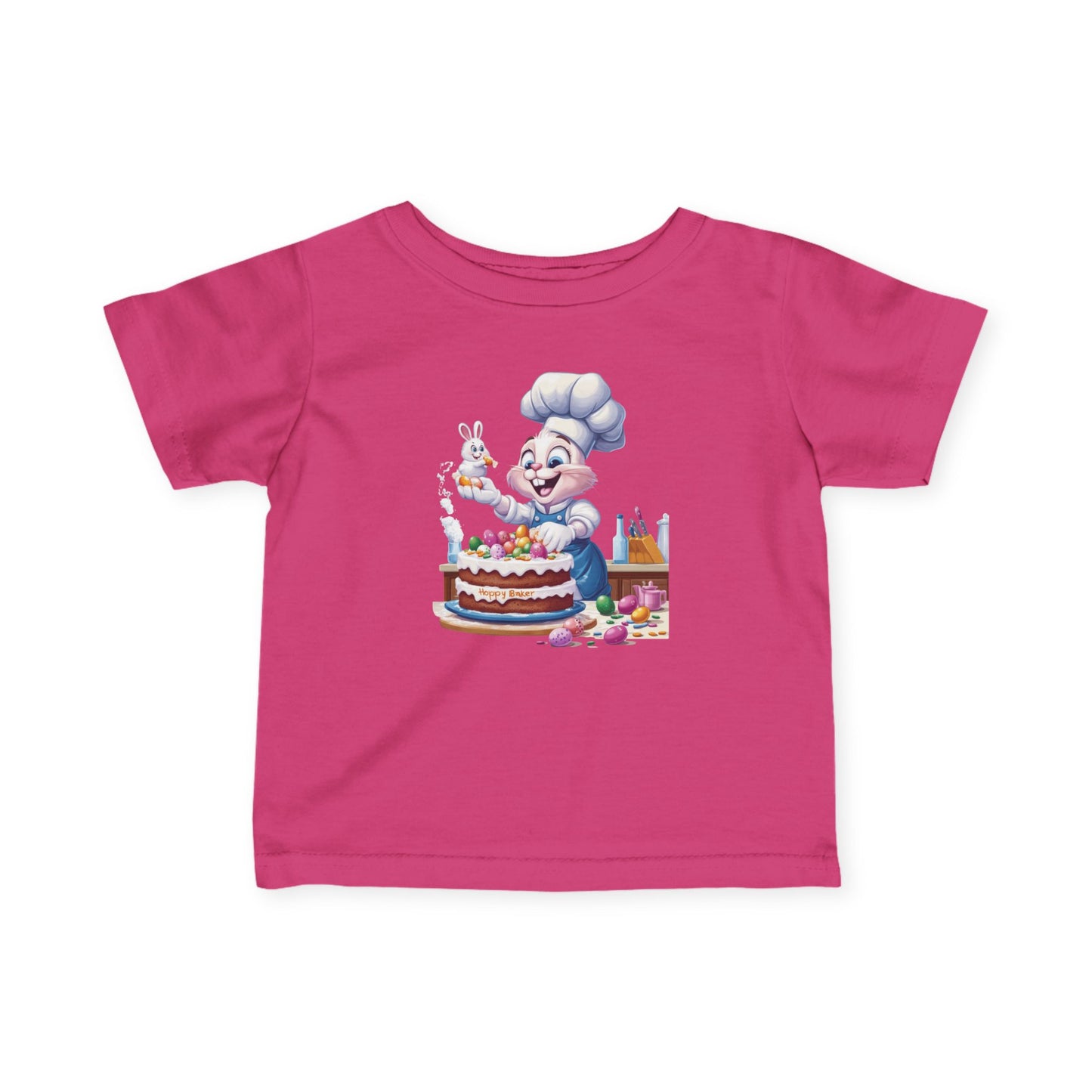 Hoppy Baker Easter Bunny Baby T-Shirt - Cute Infant Tee with Chef Bunny and Cake, Fun Spring Outfit for Babies, Easter Toddler Tee