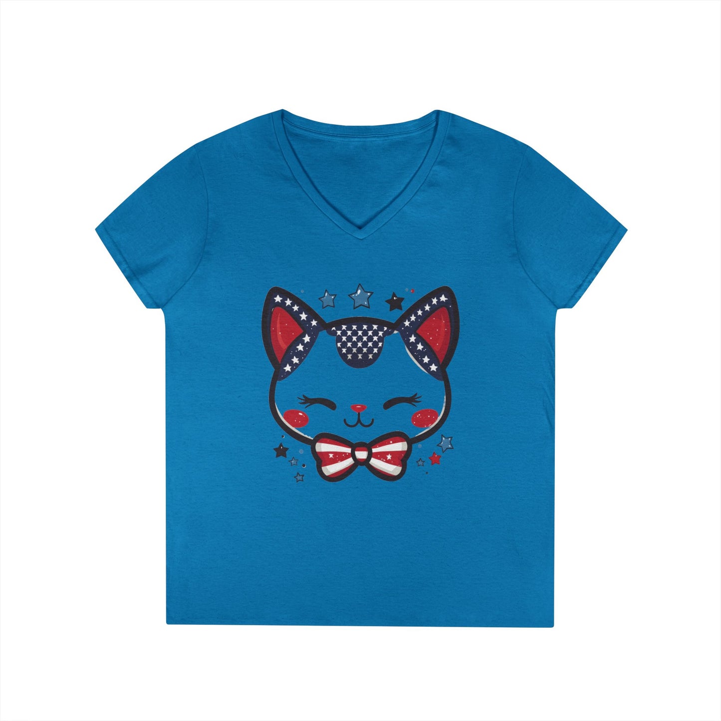 Cute Patriotic  V-Neck T-Shirt, Women's Graphic Tee, Perfect for Cat Lovers, Perfect for Holidays and Fourth of July Celebrations