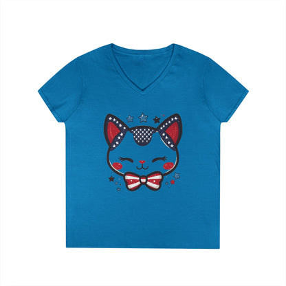 Cute Patriotic  V-Neck T-Shirt, Women's Graphic Tee, Perfect for Cat Lovers, Perfect for Holidays and Fourth of July Celebrations