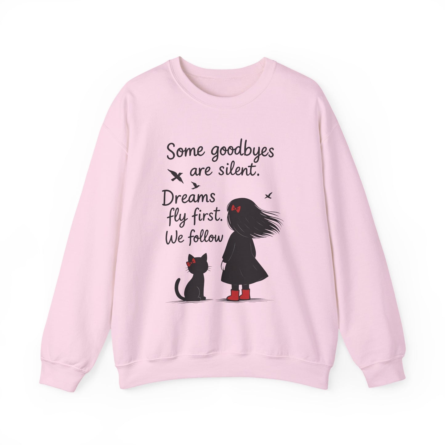 Cozy Farewell Girl & Cat Pullover, Hand Drawn Red Dress Art, Minimalist Womens Crewneck
